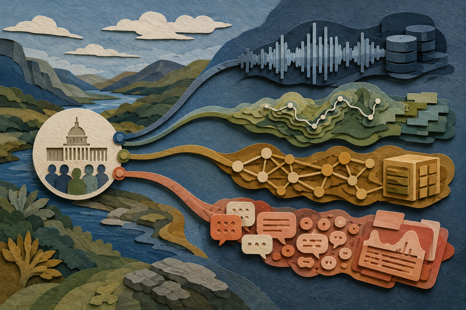 Darlun papur o bedair ffrwd—llais, map, data a seilwaith iaith—yn llifo o adeilad cyhoeddus drwy dirwedd Gymreig